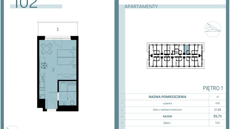 Rzut - Mieszkanie na sprzedaż 1 pokój o powierzchni 25,71 m² - numer 102 w Linea Mare Mrzeżyno