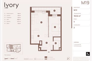 Rzut - Mieszkanie na sprzedaż 2 pokoje o powierzchni 50,54 m² - numer M19 w Ivory