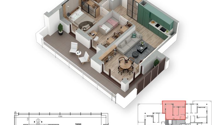 Rzut - Mieszkanie na sprzedaż 3 pokoje o powierzchni 51,59 m² - numer 4 w Villa Park - Etap III