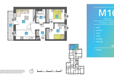Rzut - Mieszkanie na sprzedaż 3 pokoje o powierzchni 61,87 m² - numer M16 w Mi9
