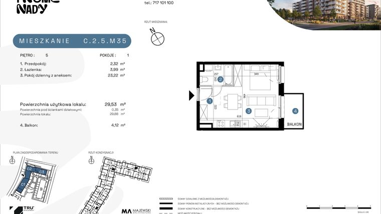 Rzut - Mieszkanie na sprzedaż 1 pokój o powierzchni 29,7 m² - numer C.2.5.M35 w Nowe Promenady etap II