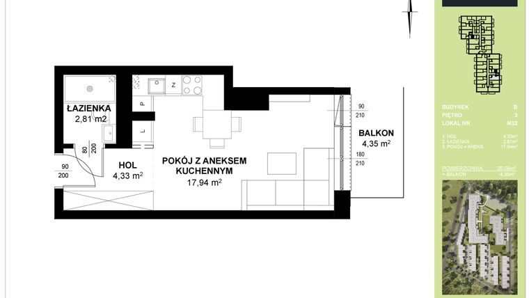 Rzut - Mieszkanie na sprzedaż 1 pokój o powierzchni 25,08 m² - numer B_M32 w Triton Kampinos III