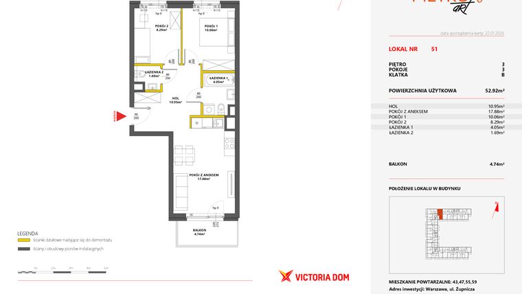 Rzut - Mieszkanie na sprzedaż 3 pokoje o powierzchni 52,92 m² - numer 51 w Metro Art 6