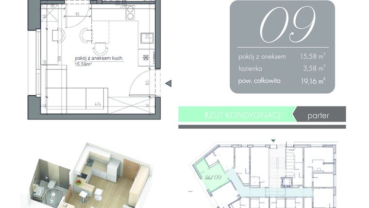 Rzut - Mieszkanie na sprzedaż 1 pokój o powierzchni 19,16 m² - numer 9 w Mikroapartamenty Warszawska 96