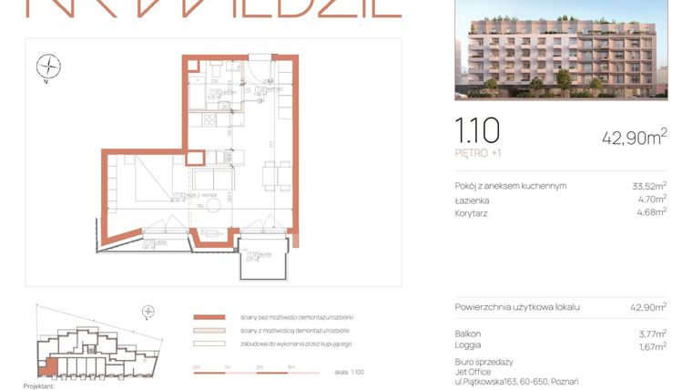 Rzut - Mieszkanie na sprzedaż 1 pokój o powierzchni 42,9 m² - numer 1.10 w Na Wildzie