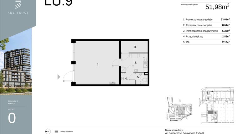 Rzut - Lokal użytkowy na sprzedaż 1 pokój o powierzchni 51,98 m² - numer LU9 w Sky Trust etap II