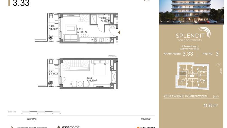 Rzut - Mieszkanie na sprzedaż 2 pokoje o powierzchni 41,85 m² - numer 3.33 w Splendit Świnoujście