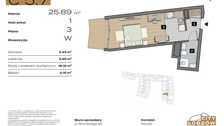 Rzut - Mieszkanie na sprzedaż 1 pokój o powierzchni 25,89 m² - numer C 5.7 w City Łobzów