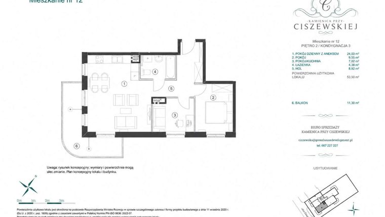 Rzut - Mieszkanie na sprzedaż 2 pokoje o powierzchni 53,9 m² - numer 12 w Kamienica przy Ciszewskiej