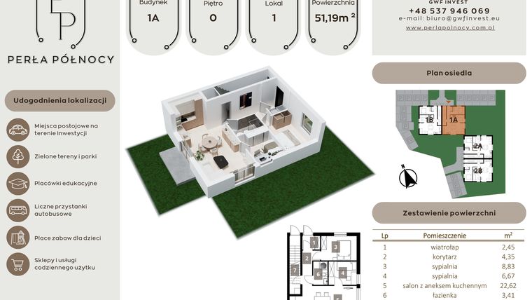 Rzut - Mieszkanie na sprzedaż 3 pokoje o powierzchni 51,19 m² - numer 1 w Perła Północy etap 1
