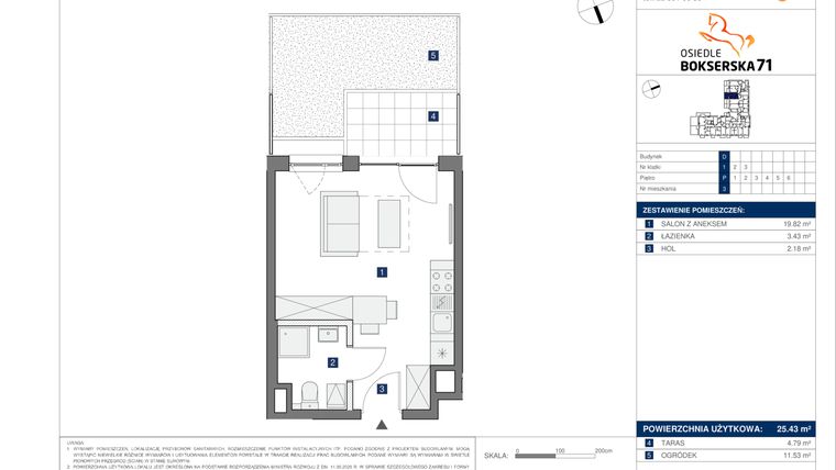 Rzut - Mieszkanie na sprzedaż 1 pokój o powierzchni 25,43 m² - numer D3 w Osiedle Bokserska 71 Etap 2 Faza 3