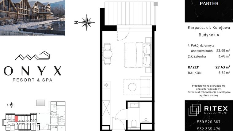 Rzut - Mieszkanie na sprzedaż 1 pokój o powierzchni 27,43 m² - numer 00.A12 w Onyx Resort & Spa