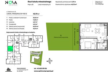 Rzut - Mieszkanie na sprzedaż 2 pokoje o powierzchni 42,72 m² - numer 3 w Nova Radiostacja