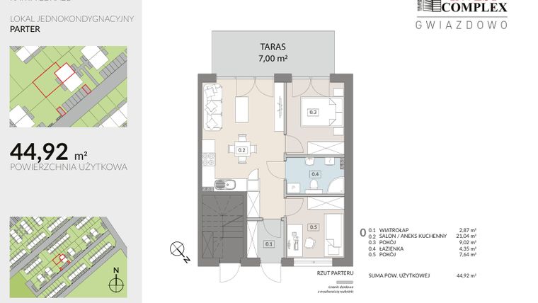 Rzut - Mieszkanie na sprzedaż 3 pokoje o powierzchni 44,92 m² - numer D13.1 w Osiedle Gwiazdowo etap 8