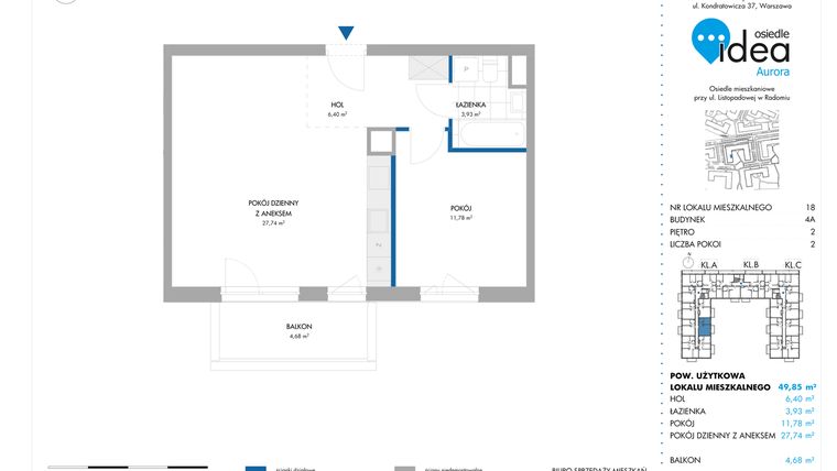 Rzut - Mieszkanie na sprzedaż 2 pokoje o powierzchni 49,85 m² - numer 18.4A w Osiedle Idea Aurora