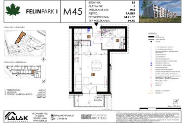 Rzut - Mieszkanie na sprzedaż 1 pokój o powierzchni 34,71 m² - numer M45 w Felin Park II etap 2
