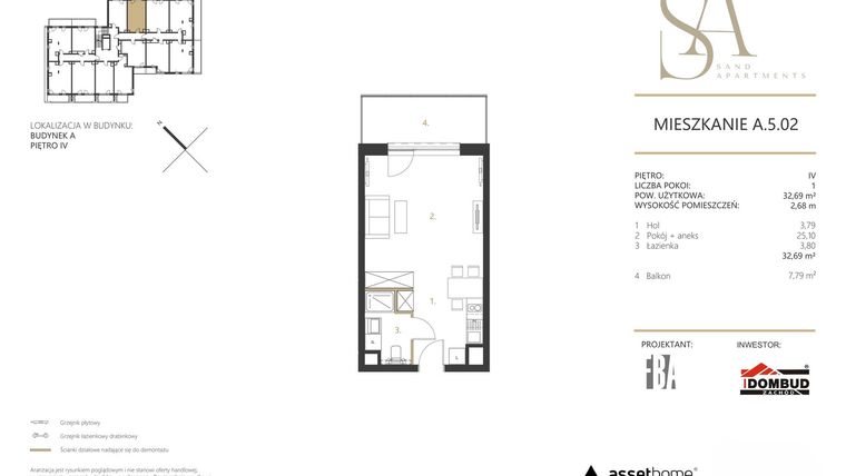 Rzut - Mieszkanie na sprzedaż 1 pokój o powierzchni 32,69 m² - numer A.5.02 w Sand Apartments