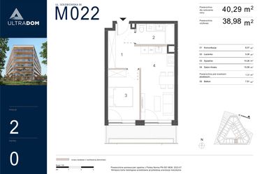 Rzut - Mieszkanie na sprzedaż 2 pokoje o powierzchni 40,29 m² - numer M022 w Ultradom
