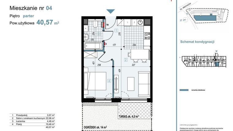 Rzut - Mieszkanie na sprzedaż 2 pokoje o powierzchni 40,57 m² - numer 4 w Medyków 32