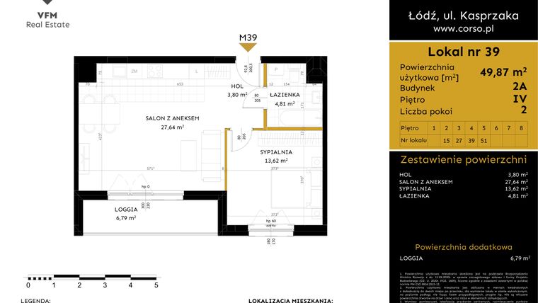 Rzut - Mieszkanie na sprzedaż 2 pokoje o powierzchni 49,87 m² - numer 2A.39 w Corso etap 2