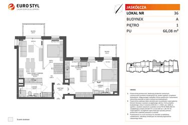 Rzut - Mieszkanie na sprzedaż 3 pokoje o powierzchni 66,26 m² - numer A.36 w Jaskółcza