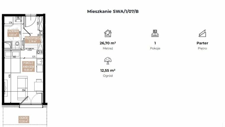 Rzut - Mieszkanie na sprzedaż 1 pokój o powierzchni 26,61 m² - numer SWA/1/07/B w Apartamenty Świeradowska