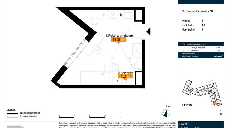 Rzut - Mieszkanie na sprzedaż 1 pokój o powierzchni 19,1 m² - numer B.1.16 w ŁACINA SPOT - apartamenty inwestycyjne