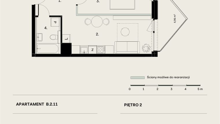 Rzut - Mieszkanie na sprzedaż 2 pokoje o powierzchni 42,3 m² - numer B/2/11 w Ogrodowa 12