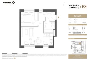 Rzut - Mieszkanie na sprzedaż 2 pokoje o powierzchni 43,66 m² - numer 7 w Garbary 68