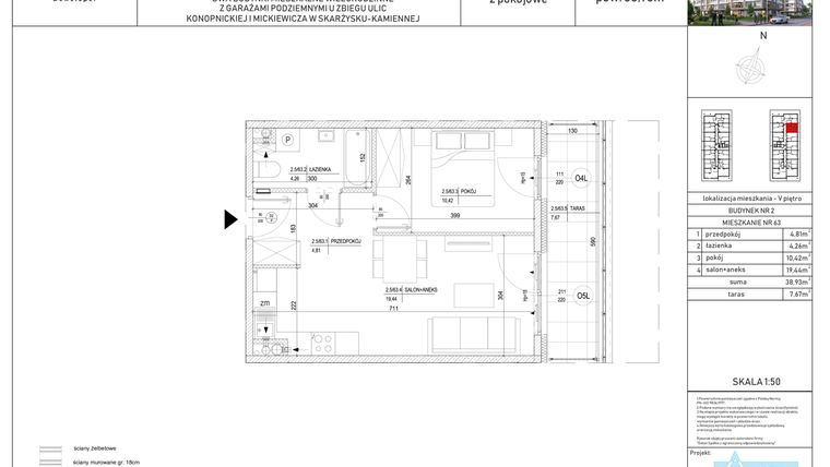 Rzut - Mieszkanie na sprzedaż 2 pokoje o powierzchni 38,93 m² - numer M-63 w Apartamenty Konopnickiej