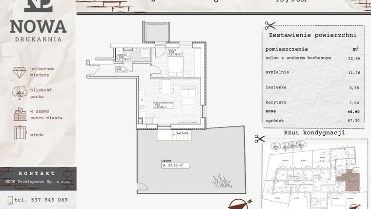 Rzut - Mieszkanie na sprzedaż 2 pokoje o powierzchni 45,9 m² - numer M8 w Nowa Drukarnia