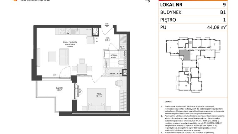 Rzut - Mieszkanie na sprzedaż 2 pokoje o powierzchni 44,08 m² - numer 9 w Locus 2