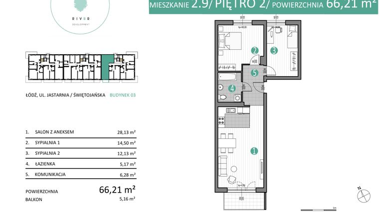 Rzut - Mieszkanie na sprzedaż 3 pokoje o powierzchni 66,21 m² - numer 03.2.9 w Port Jastarnia bud. 02, 03