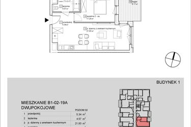 Rzut - Mieszkanie na sprzedaż 2 pokoje o powierzchni 43,08 m² - numer B1-02-19A w Francuska Park IX