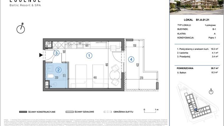 Rzut - Mieszkanie na sprzedaż 1 pokój o powierzchni 26,7 m² - numer B1.A.01.21 w ESSENSE Baltic Resort&SPA 2 - apartamenty inwestycyjne