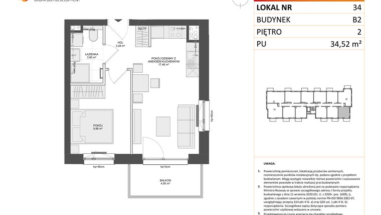 Rzut - Mieszkanie na sprzedaż 2 pokoje o powierzchni 34,52 m² - numer B2.34 w Osiedle Przy Błoniach 3 etap III