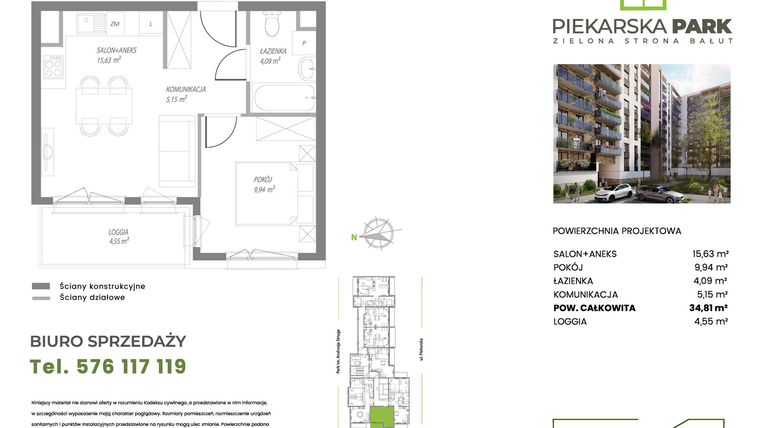 Rzut - Mieszkanie na sprzedaż 2 pokoje o powierzchni 34,81 m² - numer A6.6 w Piekarska Park