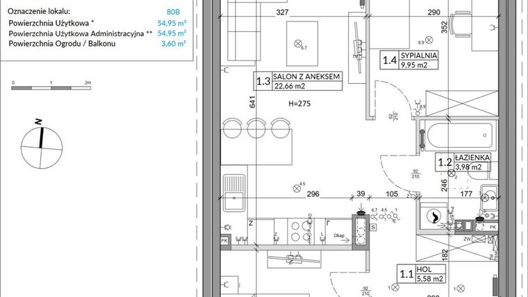 Rzut - Mieszkanie na sprzedaż 3 pokoje o powierzchni 54,95 m² - numer 80B w Osiedle Młodych etap VII