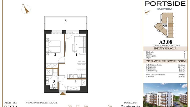 Rzut - Mieszkanie na sprzedaż 2 pokoje o powierzchni 39,48 m² - numer A3.08 w Portside Bałtycka