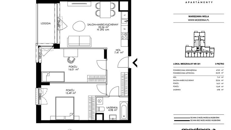 Rzut - Mieszkanie na sprzedaż 3 pokoje o powierzchni 66,45 m² - numer 301 w Chronos
