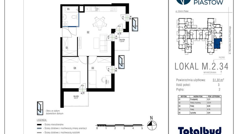 Rzut - Mieszkanie na sprzedaż 3 pokoje o powierzchni 51,91 m² - numer M.2.34 w Viva Piastów