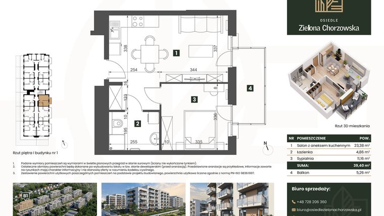Rzut - Mieszkanie na sprzedaż 2 pokoje o powierzchni 39,4 m² - numer B1.M7 w Osiedle Zielona Chorzowska