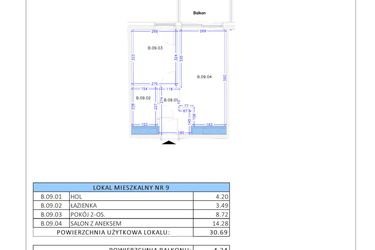Rzut - Mieszkanie na sprzedaż 2 pokoje o powierzchni 30,69 m² - numer B.9 w Gaja Park