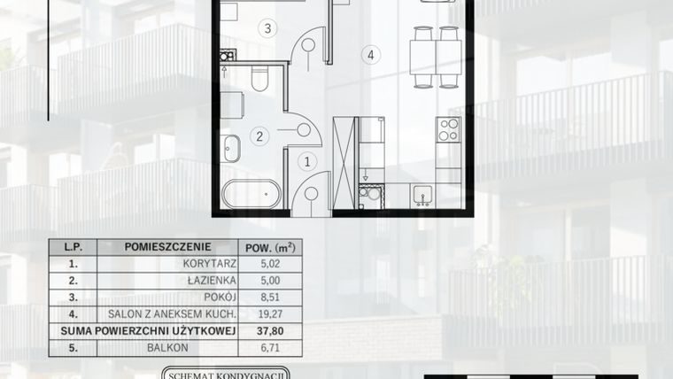 Rzut - Mieszkanie na sprzedaż 2 pokoje o powierzchni 37,8 m² - numer 42 w Młody Straszyn Park VI - bud. B
