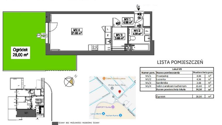 Rzut - Mieszkanie na sprzedaż 1 pokój o powierzchni 34,5 m² - numer M1 w Jeziorna 1