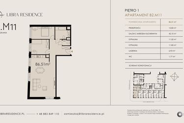 Rzut - Mieszkanie na sprzedaż 3 pokoje o powierzchni 86,51 m² - numer B2.M11 w Libra Residence
