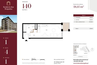 Rzut - Mieszkanie na sprzedaż 1 pokój o powierzchni 26,12 m² - numer 1.M140 w Krakowska Rogatka