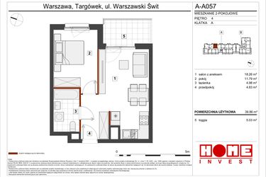 Rzut - Mieszkanie na sprzedaż 2 pokoje o powierzchni 39,86 m² - numer A-A057 w Warszawski Świt etap VII