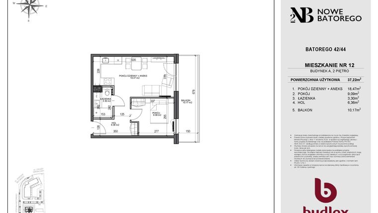 Rzut - Mieszkanie na sprzedaż 2 pokoje o powierzchni 37,22 m² - numer A12 w Nowe Batorego 2