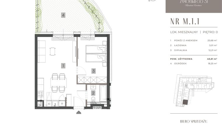 Rzut - Mieszkanie na sprzedaż 2 pokoje o powierzchni 40,81 m² - numer M.1.1 w Zamoyskiego 31